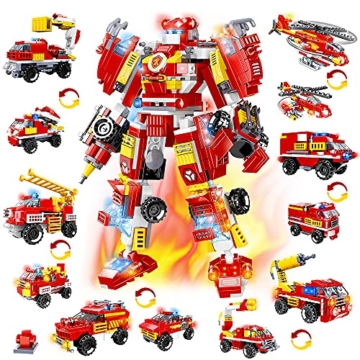 HOGOKIDS City Roboter Baukasten Konstruktionsspielzeug - 591 PCS Feuerwehrauto-Fahrzeugsatz 13 in 1 kreative STEM Pädagogisches Bausteine Spielzeug ab 6 7 8 9 10+ Jahren Jungen Geschenk - 1